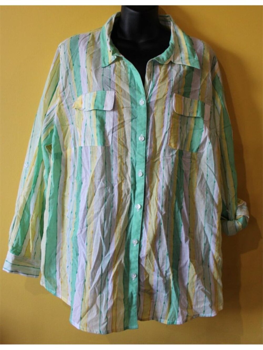 Alfred Dunner Woman 20W Striped Lightweight Button Front 2x Blouse Roll Tab Slvs